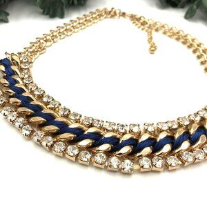 Vintage Style Statement Necklace Gold Tone Chain With Crystal Rhinestone and blu